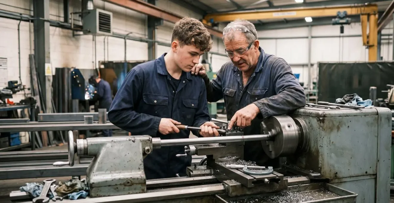 Jeune apprenti apprenant aux côtés d'un mentor dans un environnement professionnel avec équipements spécialisés